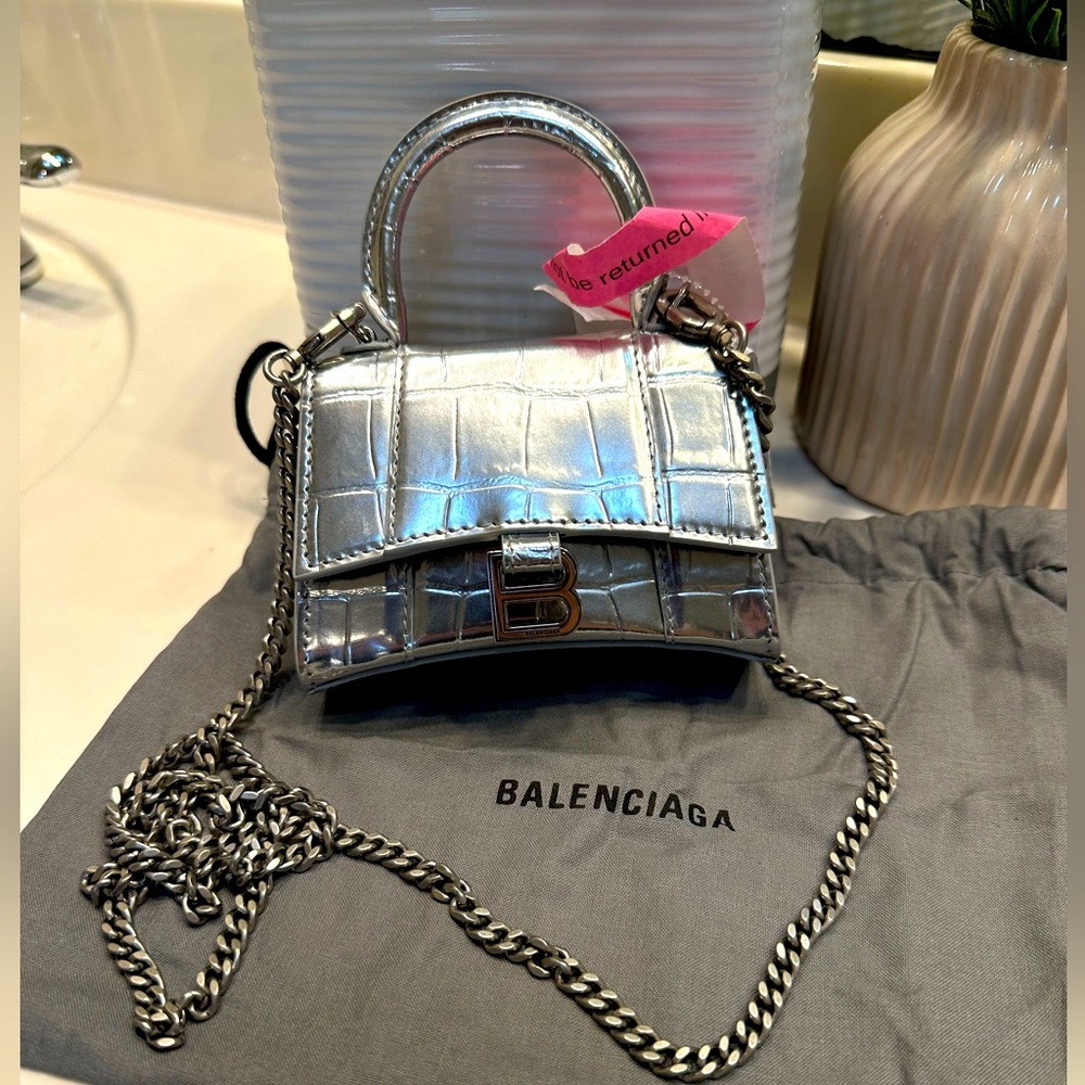 Balenciaga Silver Mini Hourglass Bag with Chain Strap
